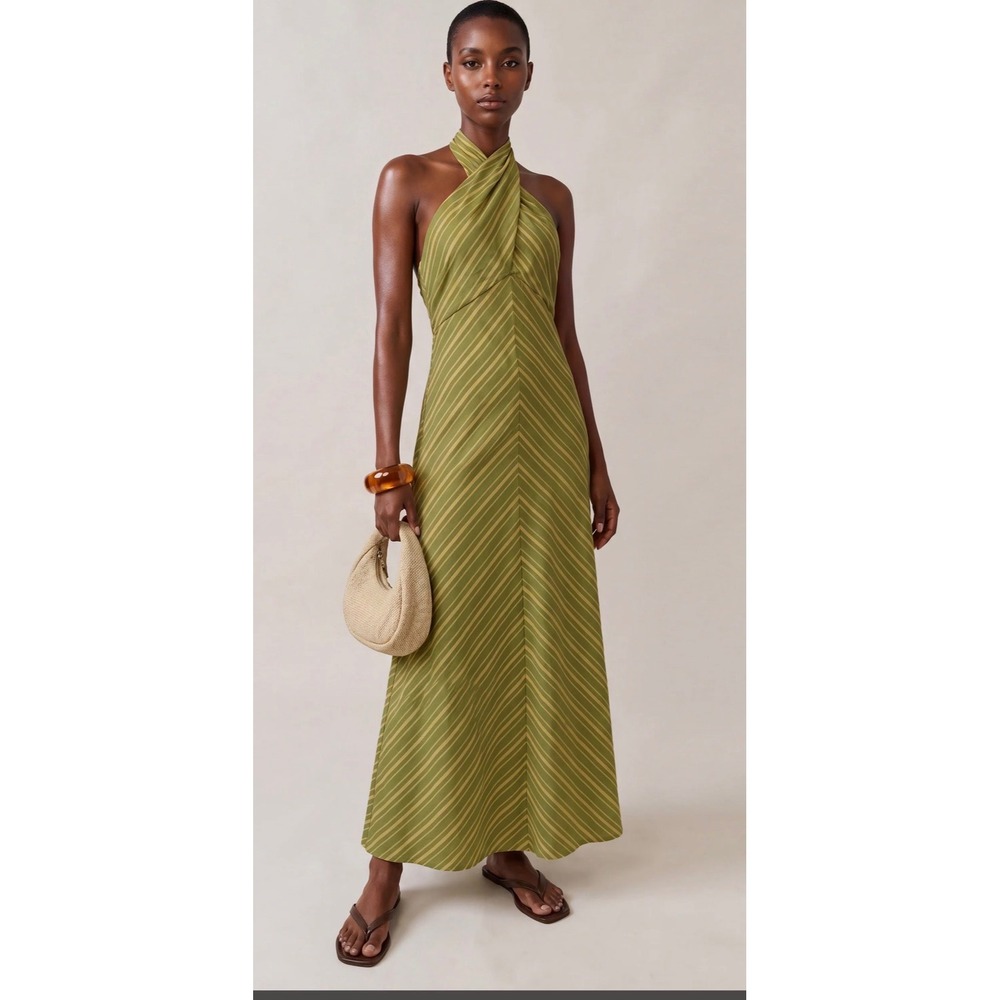 Few Moda o.p.t. One Pretty Time Green Striped V-Neck Back Tie Maxi Dress S